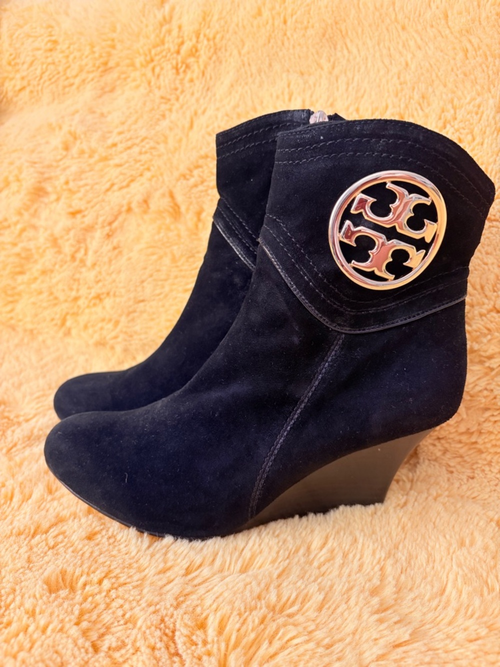 Tory Burch Black Suede Wedge Ankle Boots with Gold Logo Medallion